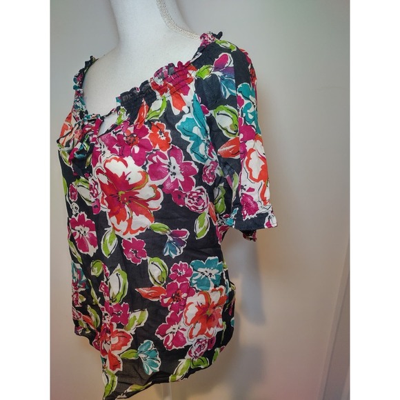 Ann Taylor Womens Blouse Floral Print Ruffle Collar Tie Neck Black Red Medium - Picture 5 of 8